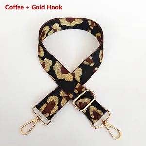 Macro detail of leopard print bag strap with golden metallic hooks and weave texture