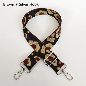 Close-up of leopard print shoulder strap with silver hooks and adjustable buckle