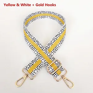 Detail view of adjustable yellow and white striped bag strap with gold metal hooks