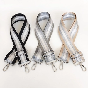 Adjustable nylon bag straps in three stripe colors with silver glitter and metal hooks