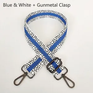 Detail of blue and white striped canvas bag strap with gunmetal swivel snap hooks