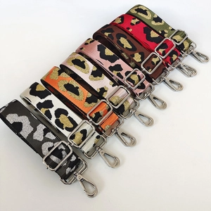 Adjustable wide leopard print bag straps with metallic glitter thread and silver buckles