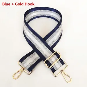 Detail of adjustable blue and silver striped bag strap with premium gold metal hooks