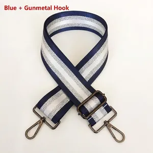 Close-up of blue and silver striped replacement bag strap with gunmetal swivel hooks