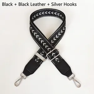 Adjustable black strap with white arrow embroidery and silver lobster clasps for bags