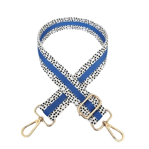 Adjustable woven replacement strap in black and white pattern with blue stripe and gold hooks