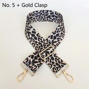 Detail of adjustable leopard print bag strap with polished golden metal swivel hooks