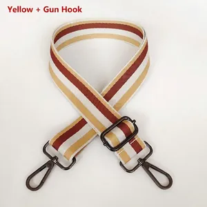 Detail of adjustable woven wide shoulder strap with yellow stripes and gunmetal hooks