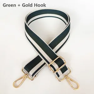 Thick wide replacement shoulder strap with green and beige stripes and gold hooks