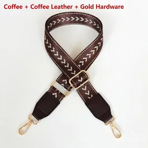 Detail of adjustable coffee woven shoulder strap with white V-pattern and gold hardware