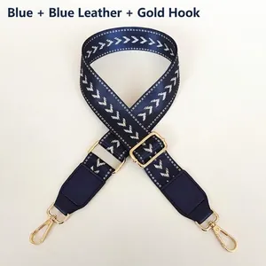 Detail of blue high-density strap with white arrow patterns and gold swivel hooks