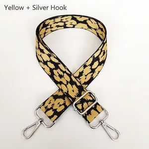 Detail view of yellow leopard print bag strap with silver metal buckles and adjuster