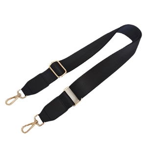 Adjustable black nylon wide shoulder strap with golden metal hooks for handbags