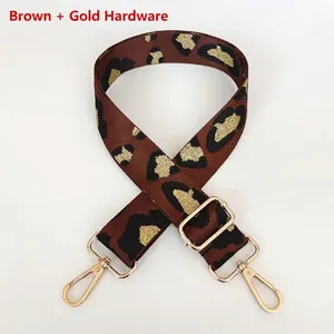 Close-up of leopard print shoulder strap with golden metal lobster clasps and buckle