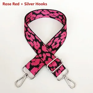Adjustable rose red leopard print bag strap with silver metal swivel hooks