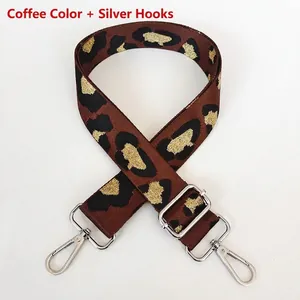 Close-up of leopard print wide strap with silver rotating hooks and metal buckle