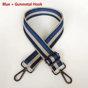 Detail of adjustable blue striped nylon strap with durable gunmetal swivel hooks