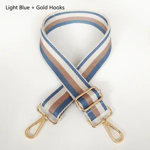 Detail of adjustable thick striped strap in light blue and brown with gold hooks