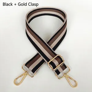Detail of adjustable thick woven bag strap with black and coffee stripes and gold hooks