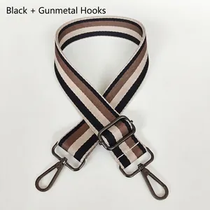 Adjustable thickened fabric strap with black brown stripes and gunmetal swivel hooks