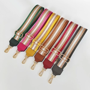 Adjustable 5cm wide nylon shoulder straps with colorful stripes and gold metal hooks
