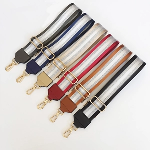Adjustable nylon bag straps with silver wire stripes and gold metal buckles in various colors