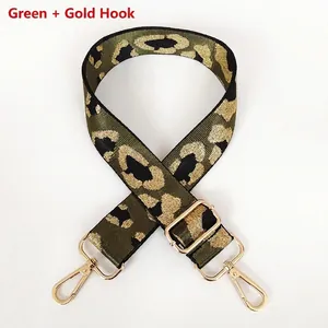 Detailed close-up of leopard print shoulder strap in green and gold with metallic hooks