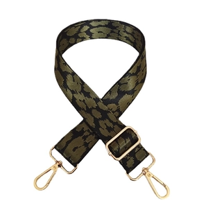 Adjustable leopard print bag strap in dark olive and black with gold metal hooks