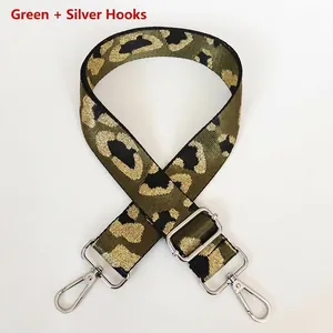 Detailed close-up of green leopard print bag strap with silver metal swivel hooks