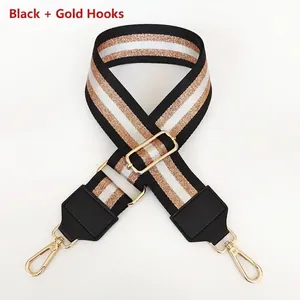 Detail view of adjustable 5cm nylon bag strap with gold glitter stripes and metal clasps