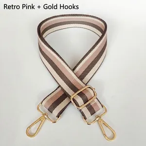 Detailed view of thick colorful striped wide shoulder strap with gold swivel hooks
