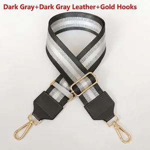 Close-up of dark gray nylon strap with silver wire and adjustable golden metal hooks