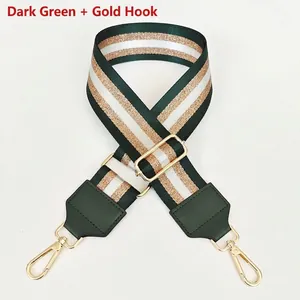 Detail of adjustable nylon bag strap with dark green and gold stripes and metal hooks