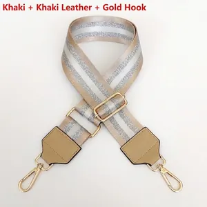 Adjustable wide nylon shoulder strap with khaki silver stripes and gold metal hooks
