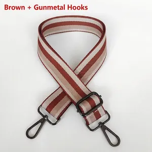 Detail of adjustable brown and beige striped bag strap with gunmetal swivel lobster clasps