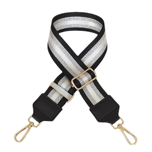 Adjustable wide nylon shoulder strap with silver glitter stripes and gold metal hooks