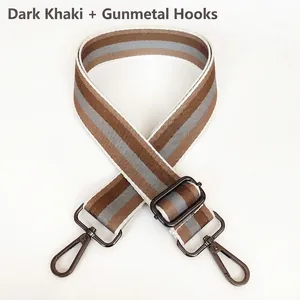 Detail of adjustable wide striped strap with gunmetal hooks in deep khaki and blue