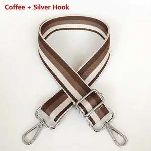 Close-up of brown and white striped wide bag strap with silver metal swivel hooks