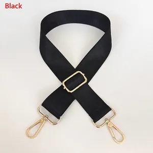 Adjustable black nylon wide shoulder strap with gold metal hardware and lobster clasps