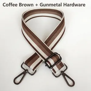 Adjustable brown and white striped fabric strap with gunmetal swivel hooks for bags