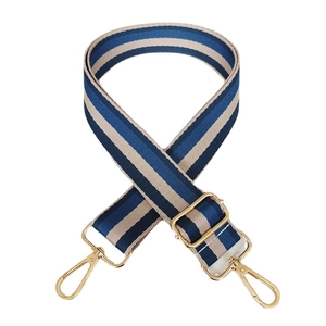 Adjustable wide replacement shoulder strap with navy and beige stripes and gold buckles