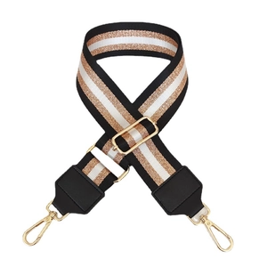 Adjustable 5cm wide nylon shoulder strap with striped pattern and gold metal hardware
