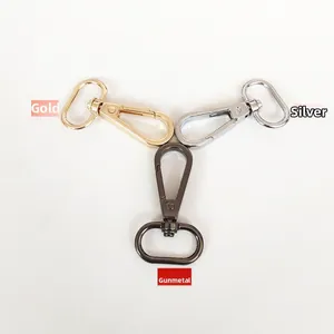 Close-up of swivel lobster clasps in gold silver and gunmetal finishes for handbag straps