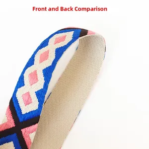 Detail showing front and back textures of the colorful geometric jacquard bag strap