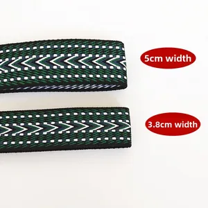 Detail of woven canvas bag straps in 5cm and 3.8cm widths with green geometric pattern