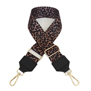 Adjustable 5cm wide leopard print shoulder strap with gold hardware and black leather ends