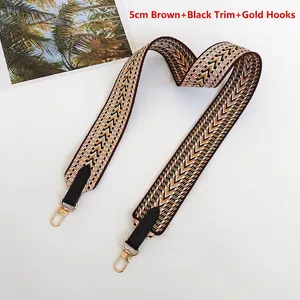 Detail of 5cm wide V-pattern woven canvas strap with black leather and gold metal hooks