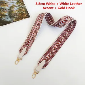 3.8cm wide canvas shoulder strap with red and blue pattern and white leather gold hooks