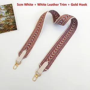 Close-up of 5cm wide white geometric woven canvas strap with PU leather and gold hooks