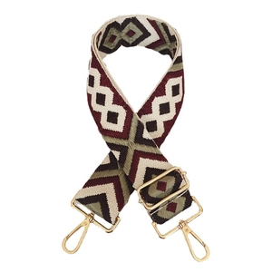Adjustable wide canvas shoulder strap with colorful geometric rhombus pattern and gold hooks